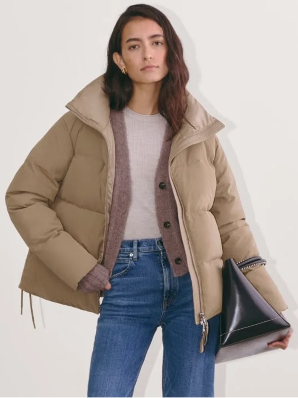 Everlane The Puffer Bomber Taupe Grey Tan Recycled Down Jacket Small NWT